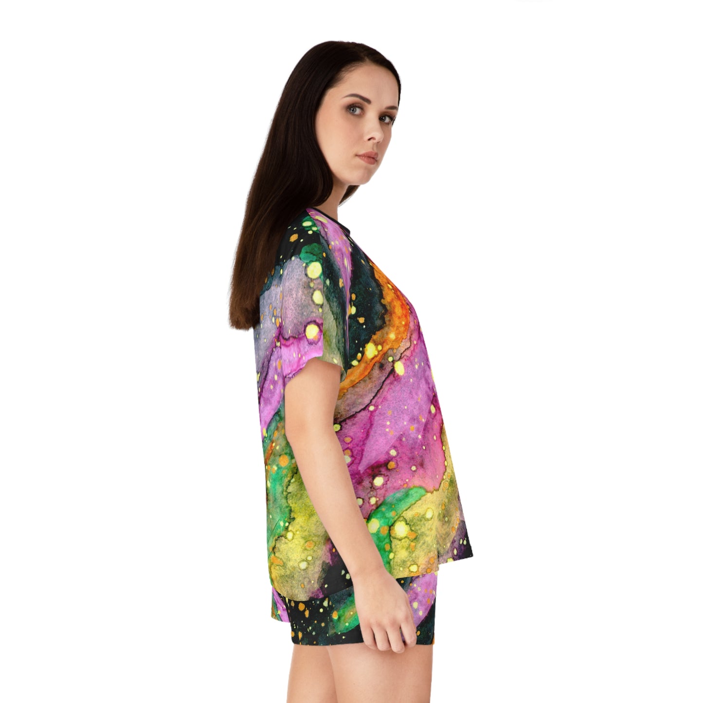 Women's Colorful Galaxy Short Pajama Set — Abstract Watercolor Marble Sleepwear