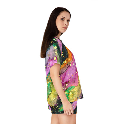 Women's Colorful Galaxy Short Pajama Set — Abstract Watercolor Marble Sleepwear
