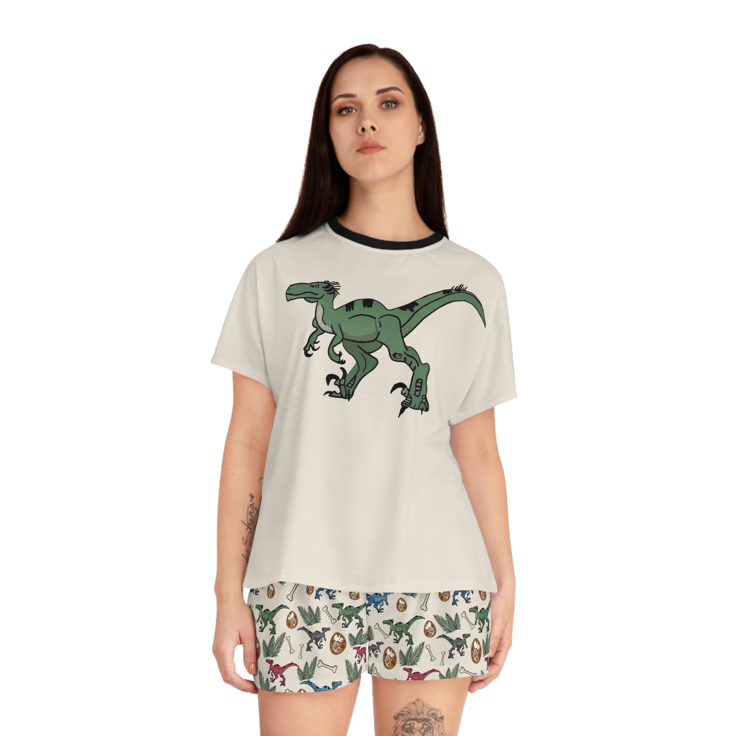 Dinosaur Pajama Set — Women's Short Sleep Set with Raptor Print & Dino Patterned Shorts