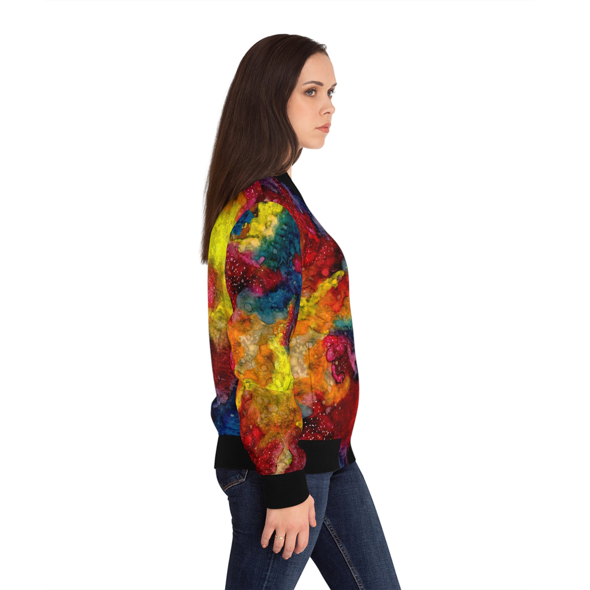 Women's Bomber Jacket - Colorful Abstract Galaxy Paint Splatter Design