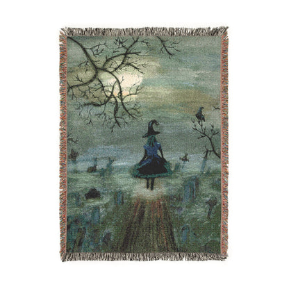 Witch in a Cemetery Woven Blanket — Gothic Moonlit Throw