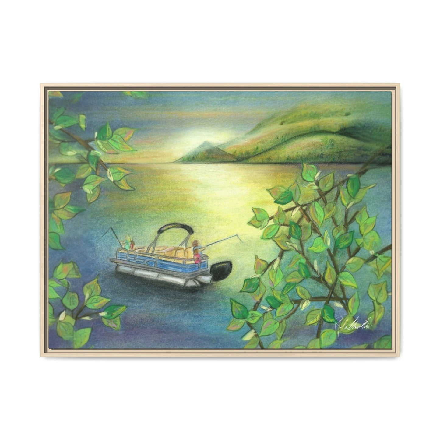 Pontoon Boat on Lake Framed Wall Art