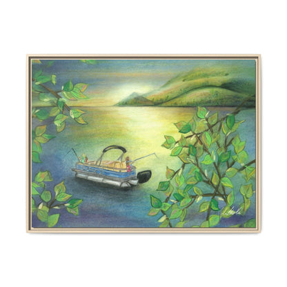 Pontoon Boat on Lake Framed Wall Art
