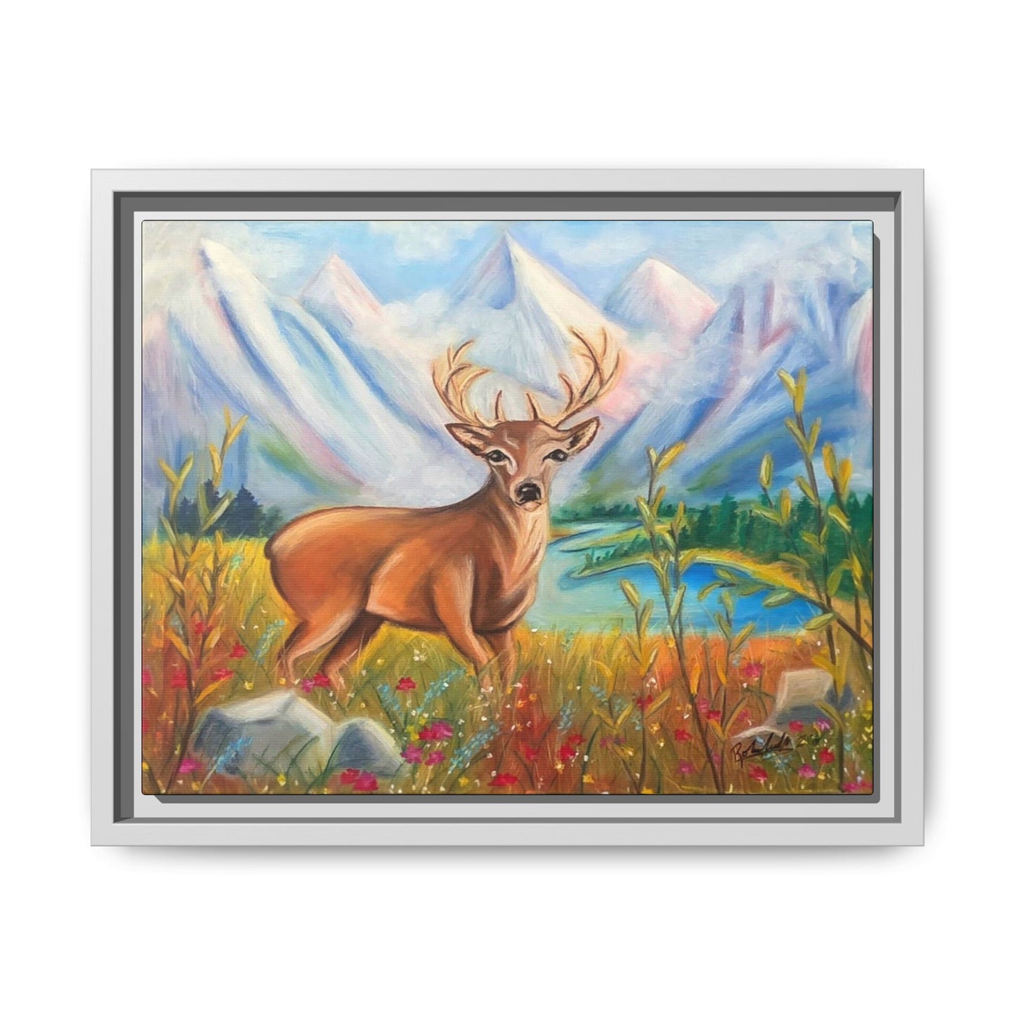 Framed Canvas Wall Art — Majestic Deer in Mountain Meadow