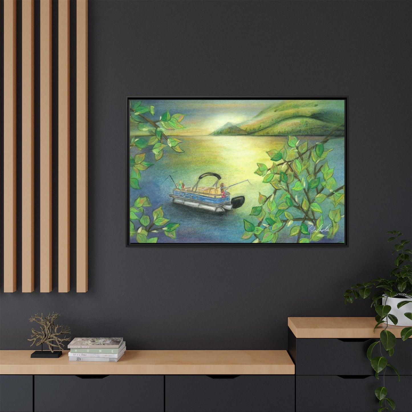 Pontoon Boat on Lake Framed Wall Art