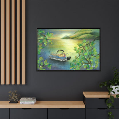 Pontoon Boat on Lake Framed Wall Art