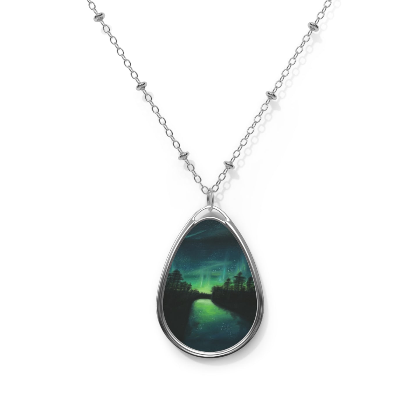 Silver Oval Pendant Necklace with Hand-painted Aurora Northern Lights Art