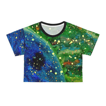 Galaxy Splash Crop Tee — Abstract Blue & Green Cosmic Art Top