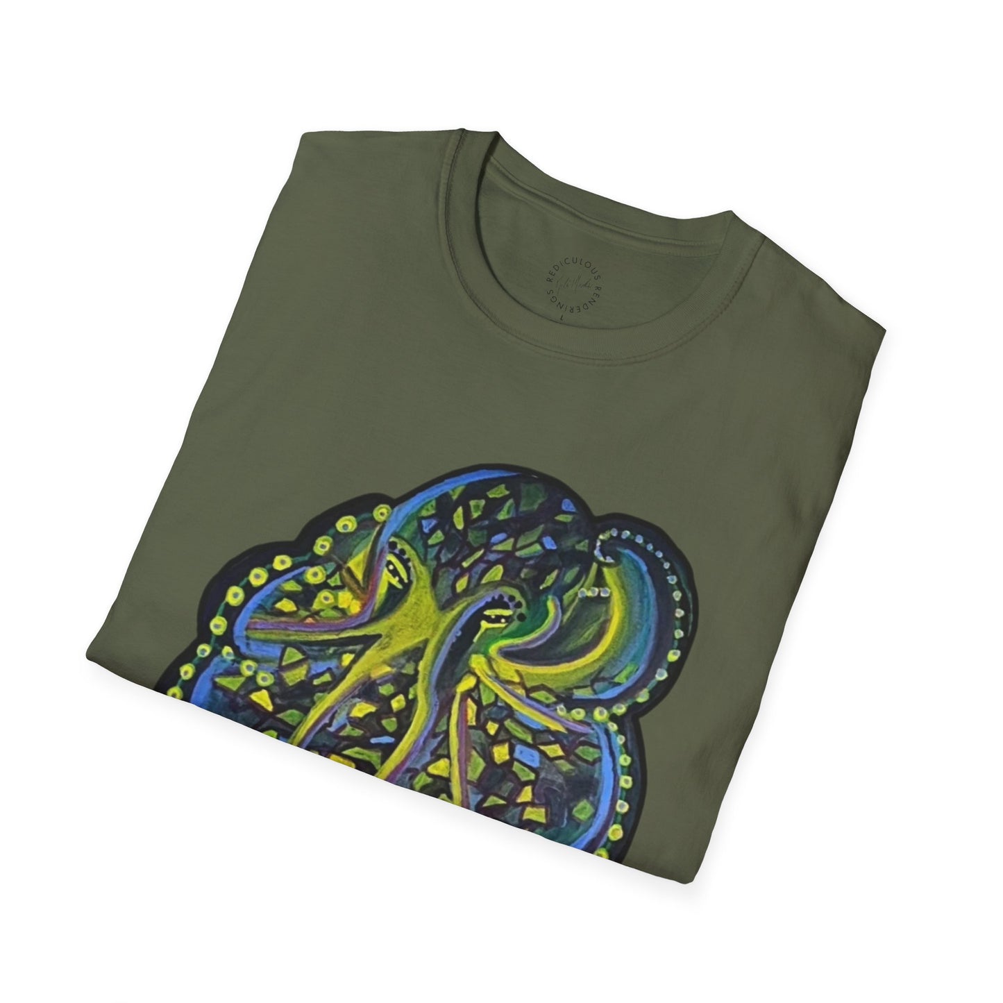 Green Geo octopus Unisex Softstyle Print T-Shirt