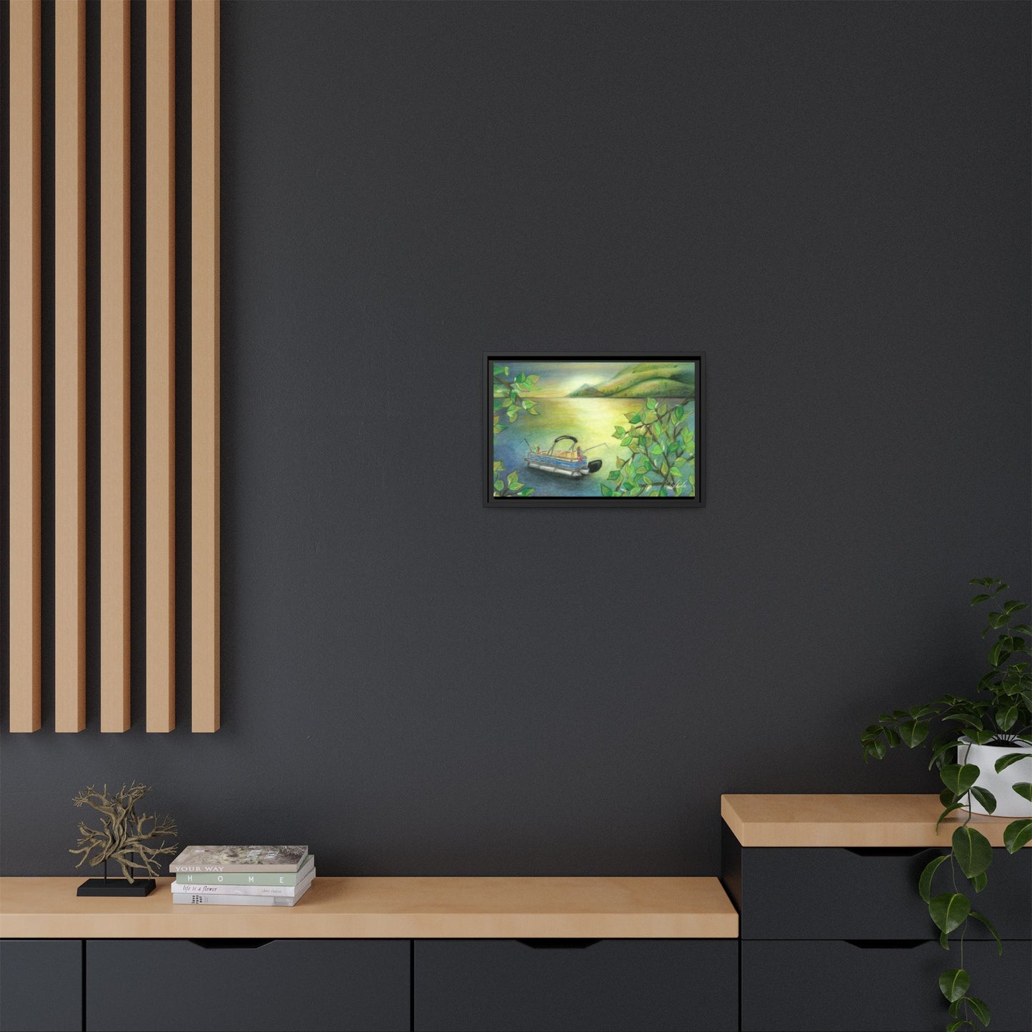 Pontoon Boat on Lake Framed Wall Art