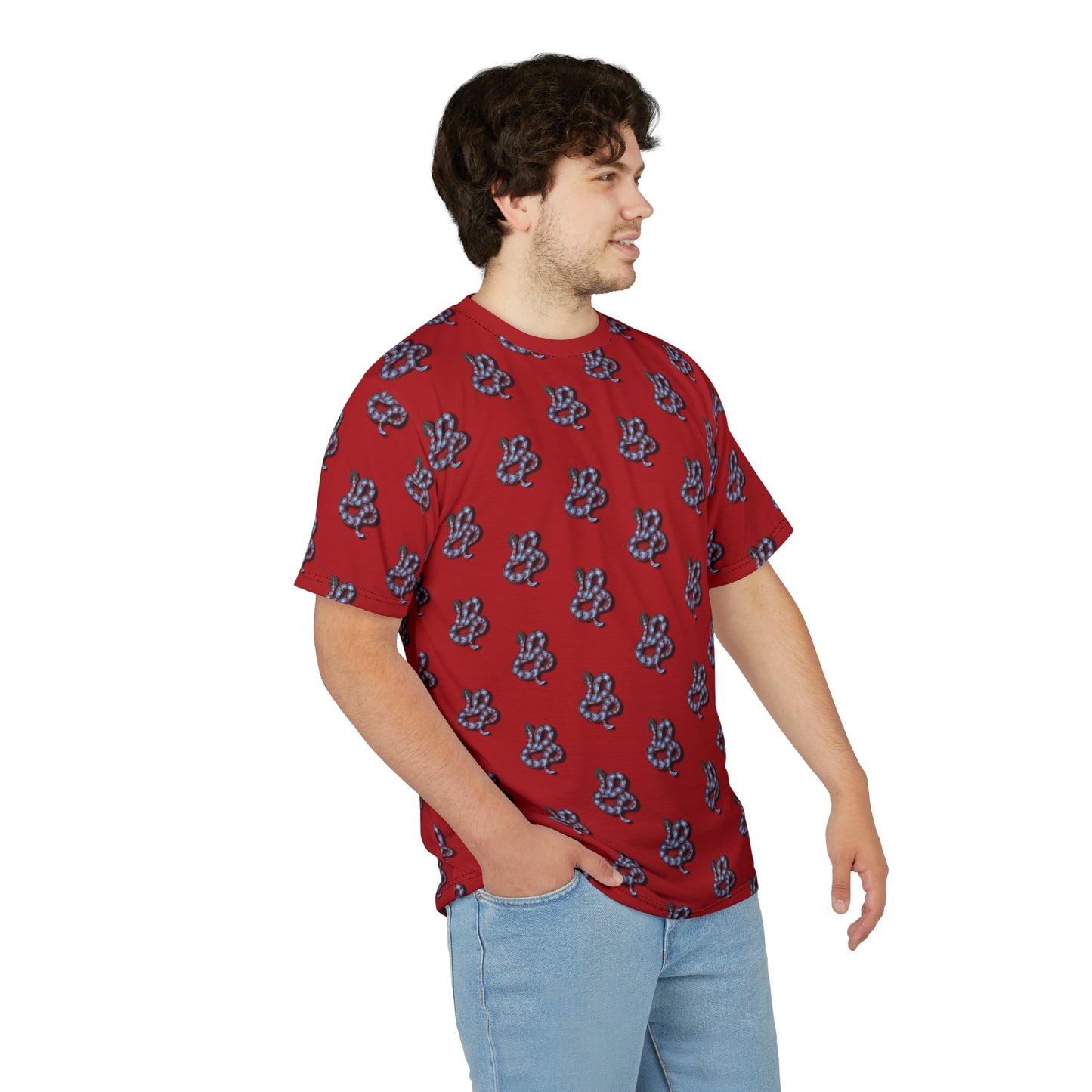 Red Snake Pattern T-Shirt — All-Over Print Casual Tee