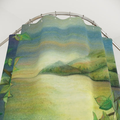 Lakefront Boat Shower Curtain — Peaceful Green Lake Scene Bathroom Decor