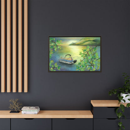 Pontoon Boat on Lake Framed Wall Art