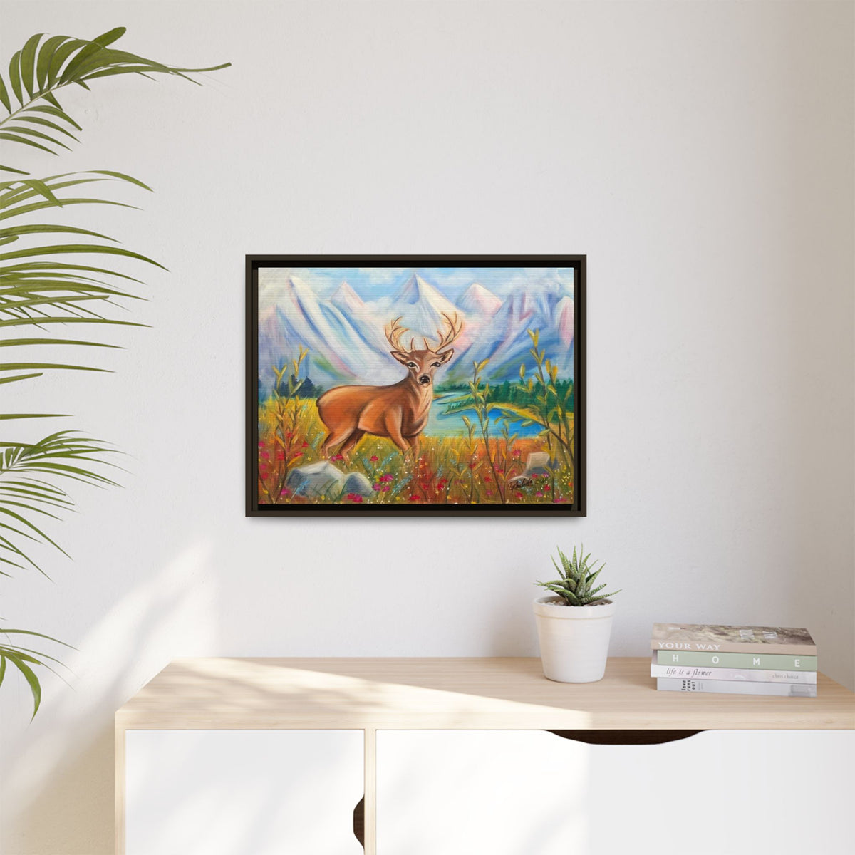 Framed Canvas Wall Art — Majestic Deer in Mountain Meadow