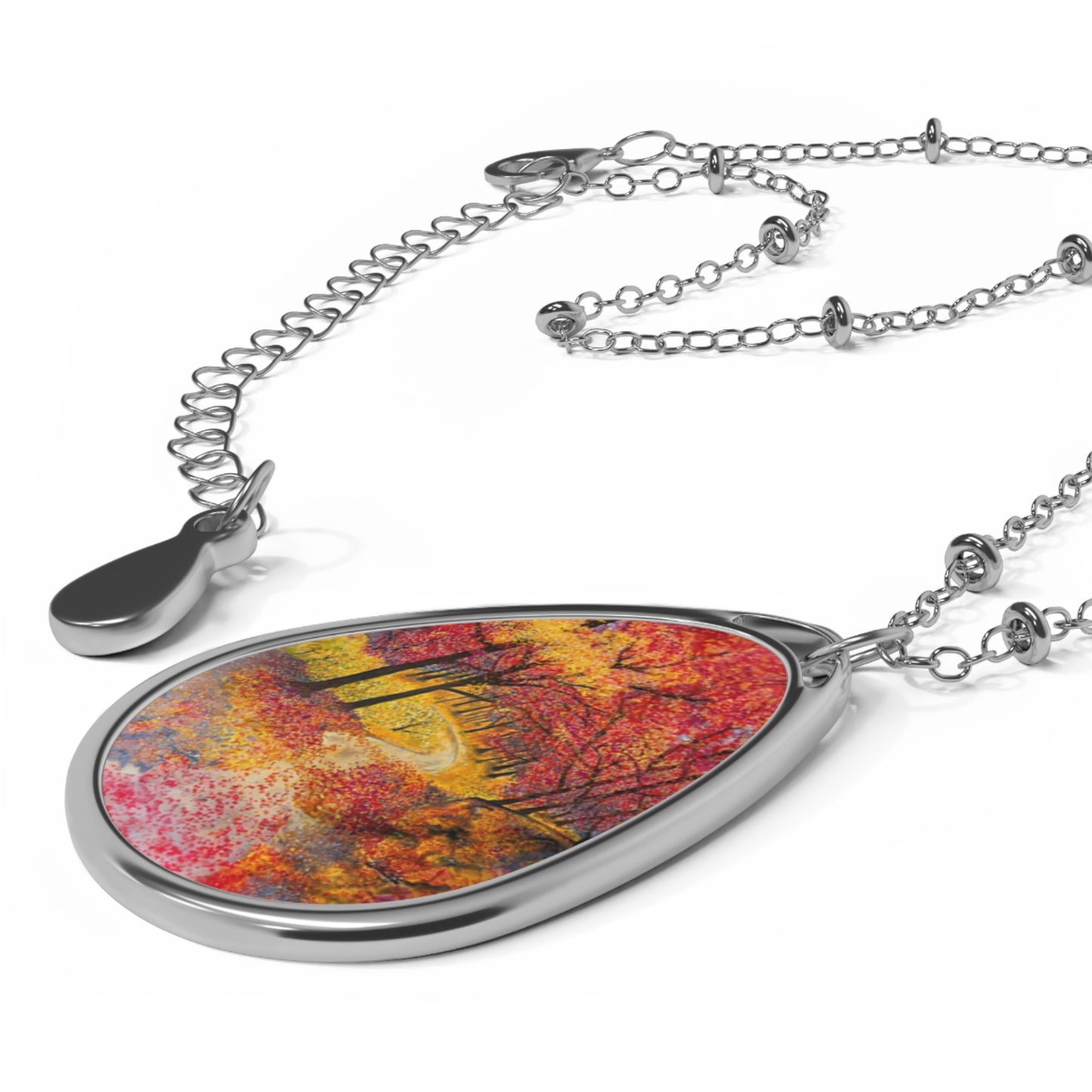 Silver Oval Pendant Necklace with Hand-painted Fall Forest Road Nature Art