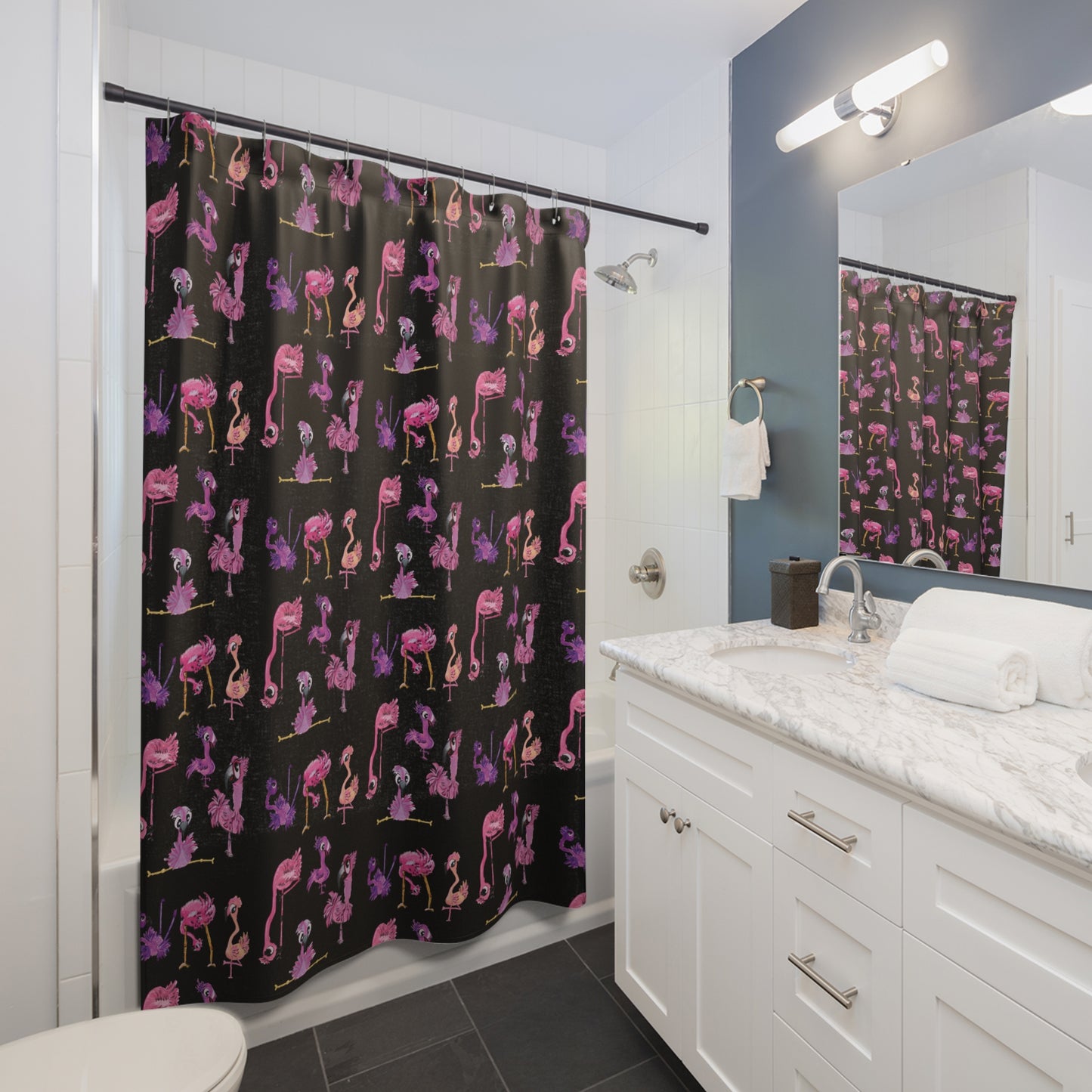 Black- Flamingo Shower Curtain for Home Bathroom with Durable One-Sided Print and Waterproof Polyester Material