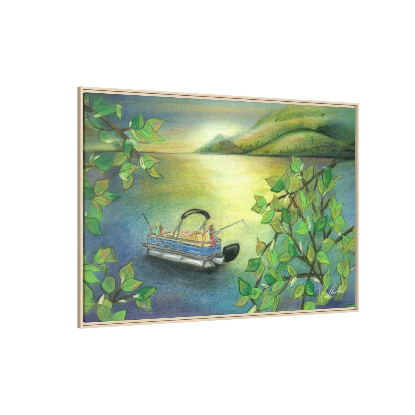 Pontoon Boat on Lake Framed Wall Art