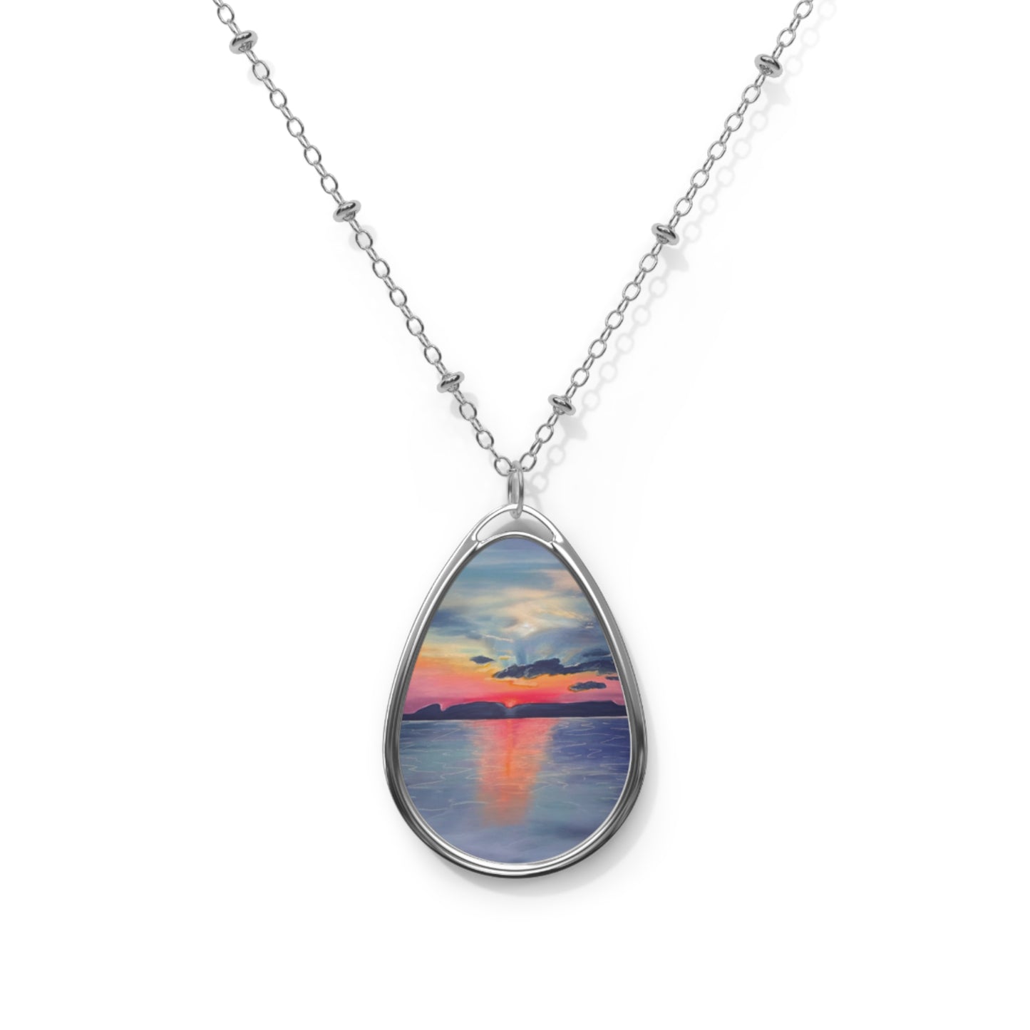 Silver Oval Pendant Necklace with Hand-painted Boho Sleeping Giant Sunrise Nature Art