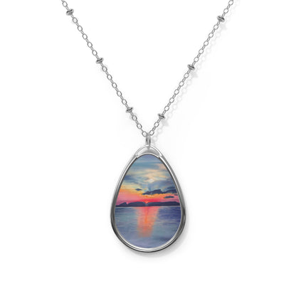 Silver Oval Pendant Necklace with Hand-painted Boho Sleeping Giant Sunrise Nature Art