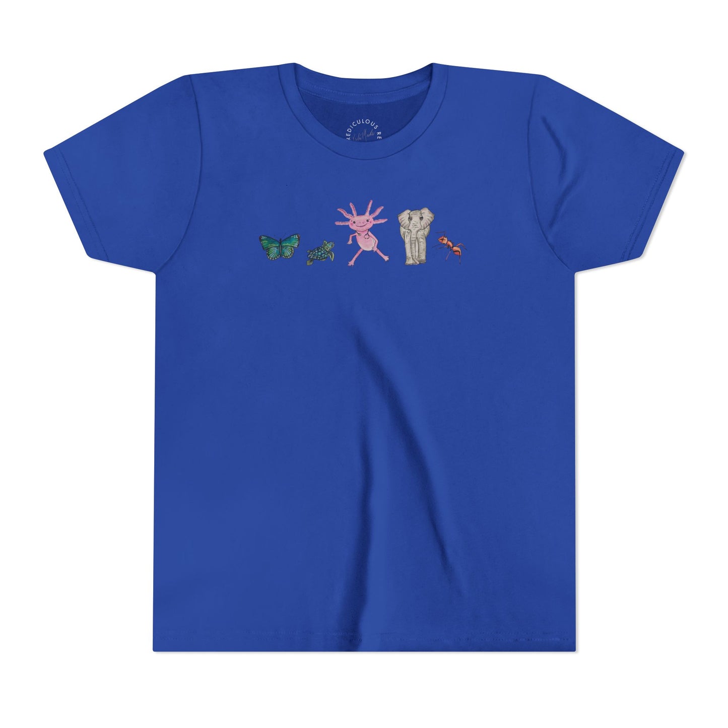 Youth Tee — Whimsical Critters (butterfly, ant, axolotl, elephant)