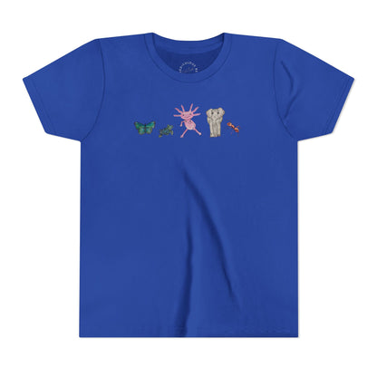 Youth Tee — Whimsical Critters (butterfly, ant, axolotl, elephant)