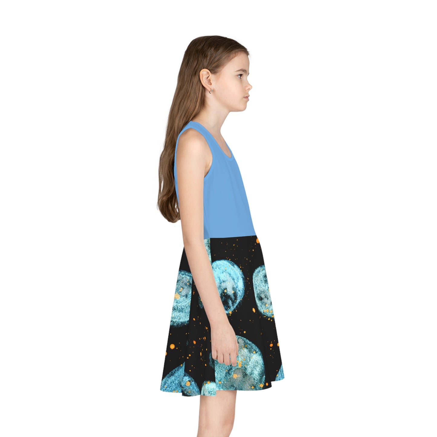 Light Blue Top Little Blue Planets Galaxy Girls' Sleeveless Sundress (AOP)