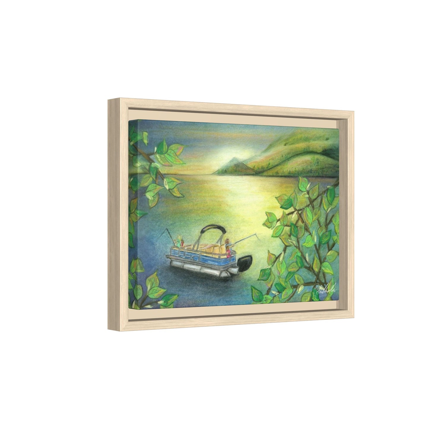 Pontoon Boat on Lake Framed Wall Art