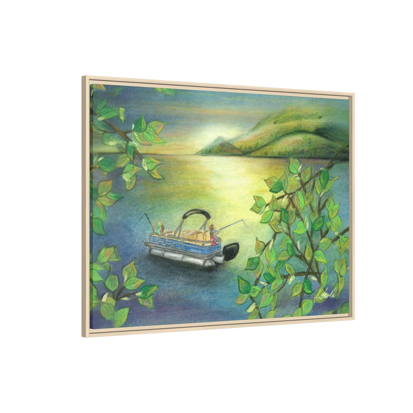 Pontoon Boat on Lake Framed Wall Art