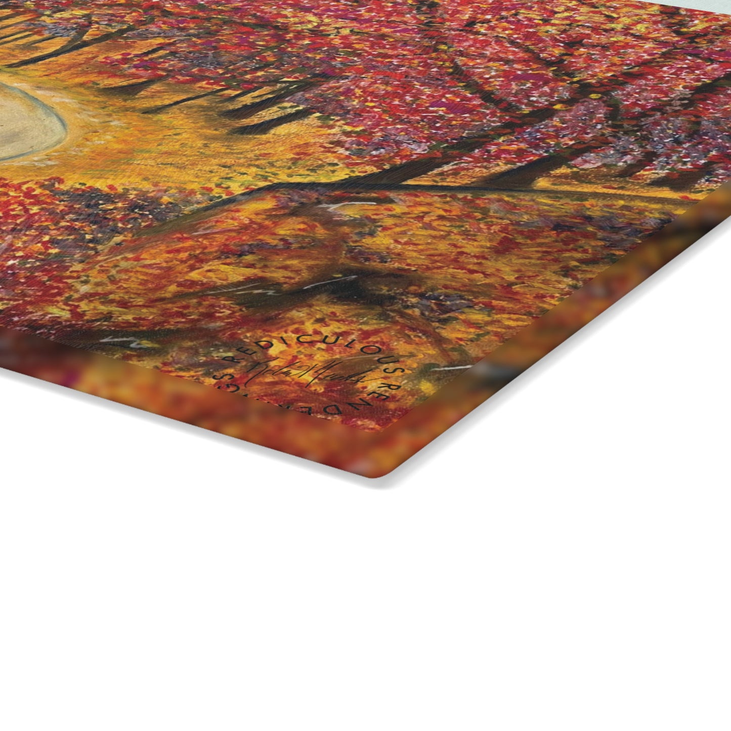 Autumn Forest Glass Cutting Board – Scenic Fall Trees Kitchen Decor