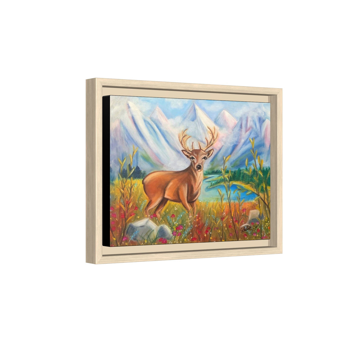 Framed Canvas Wall Art — Majestic Deer in Mountain Meadow