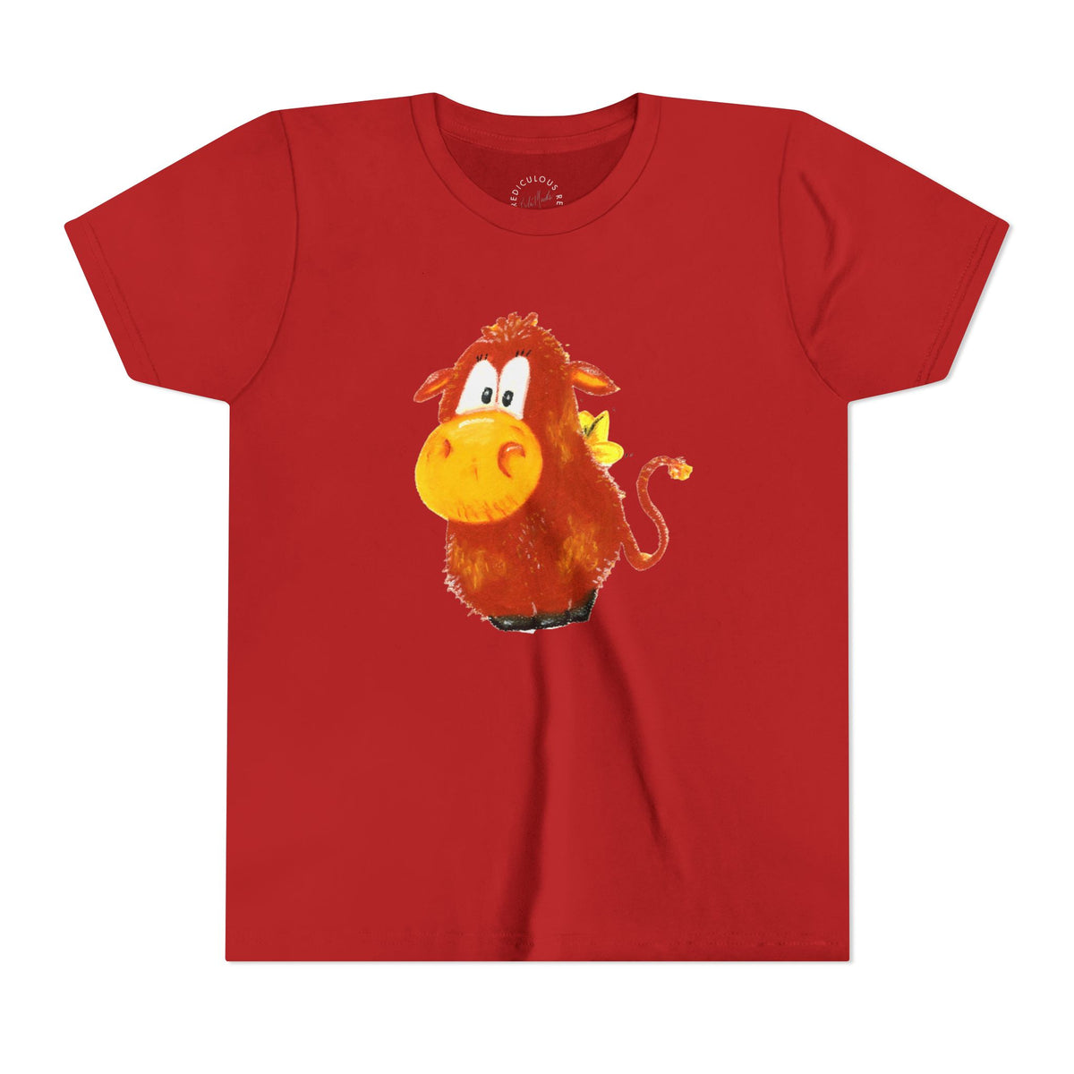 Cute Cartoon Cow Kids T-Shirt — Playful Red Cow Graphic Youth Tee