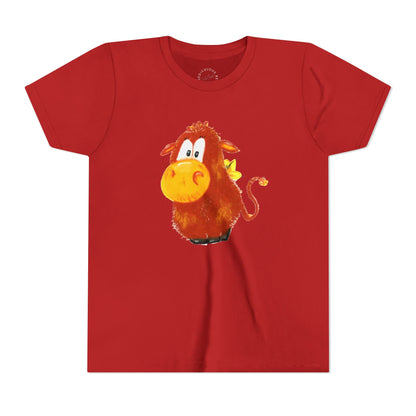 Cute Cartoon Cow Kids T-Shirt — Playful Red Cow Graphic Youth Tee