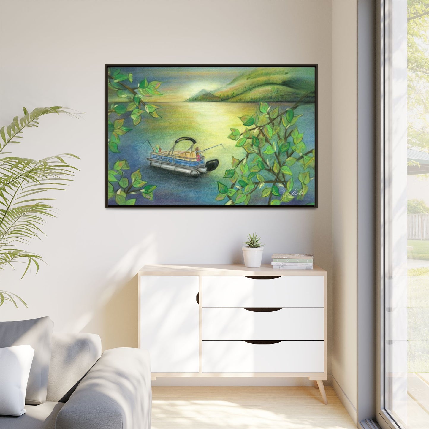Pontoon Boat on Lake Framed Wall Art