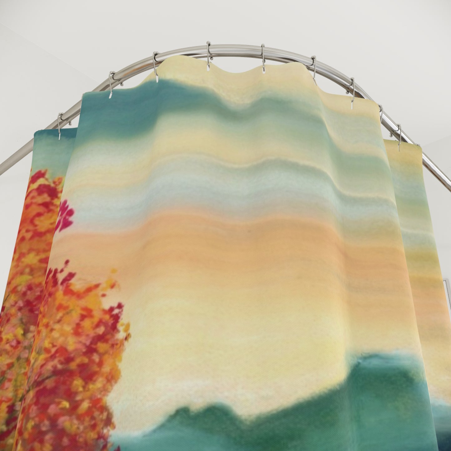Autumn Mountain Landscape Shower Curtain — Watercolor Fall Trees Bathroom Decor