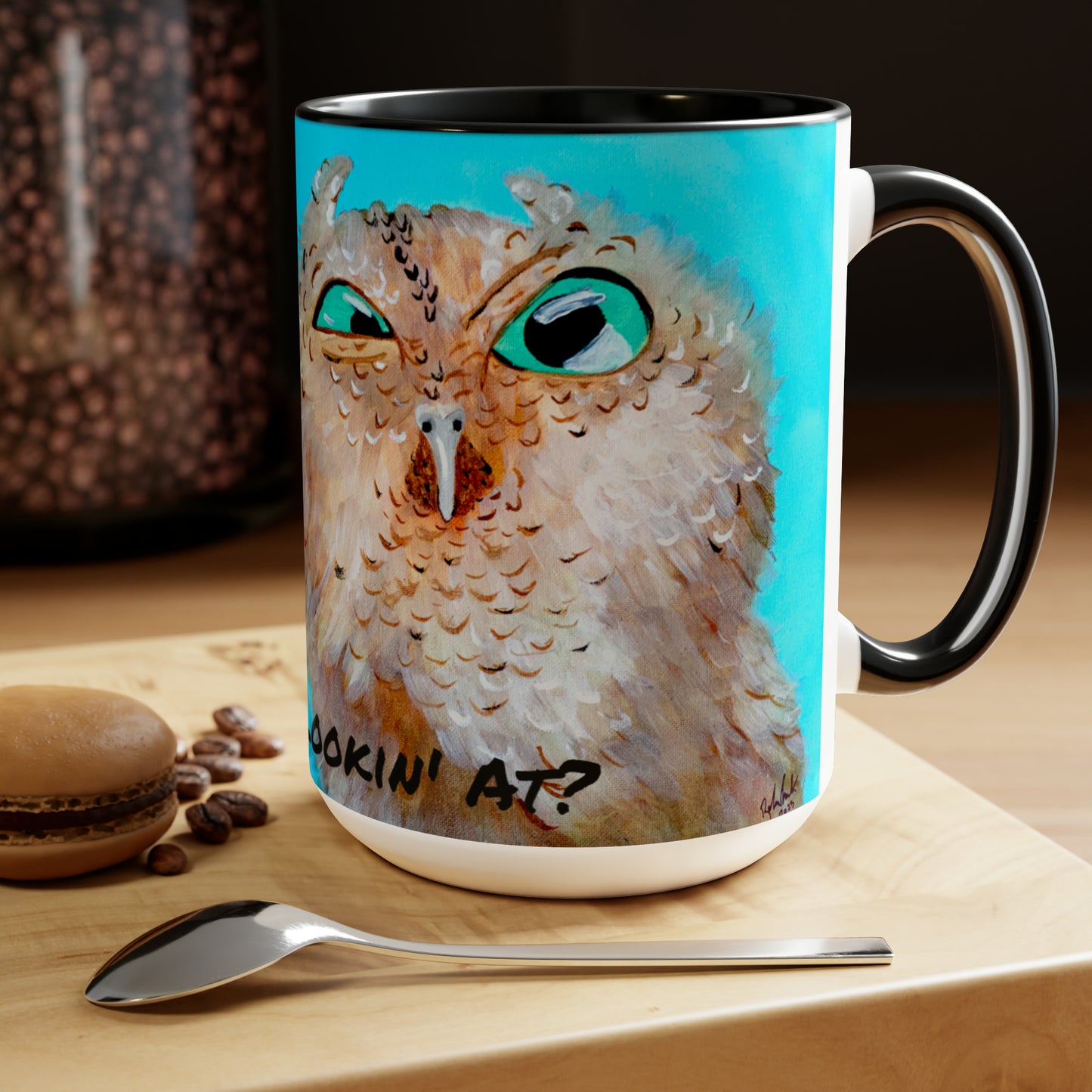 Hoo You Looking at Owl Two-Tone Coffee Mugs, 15oz