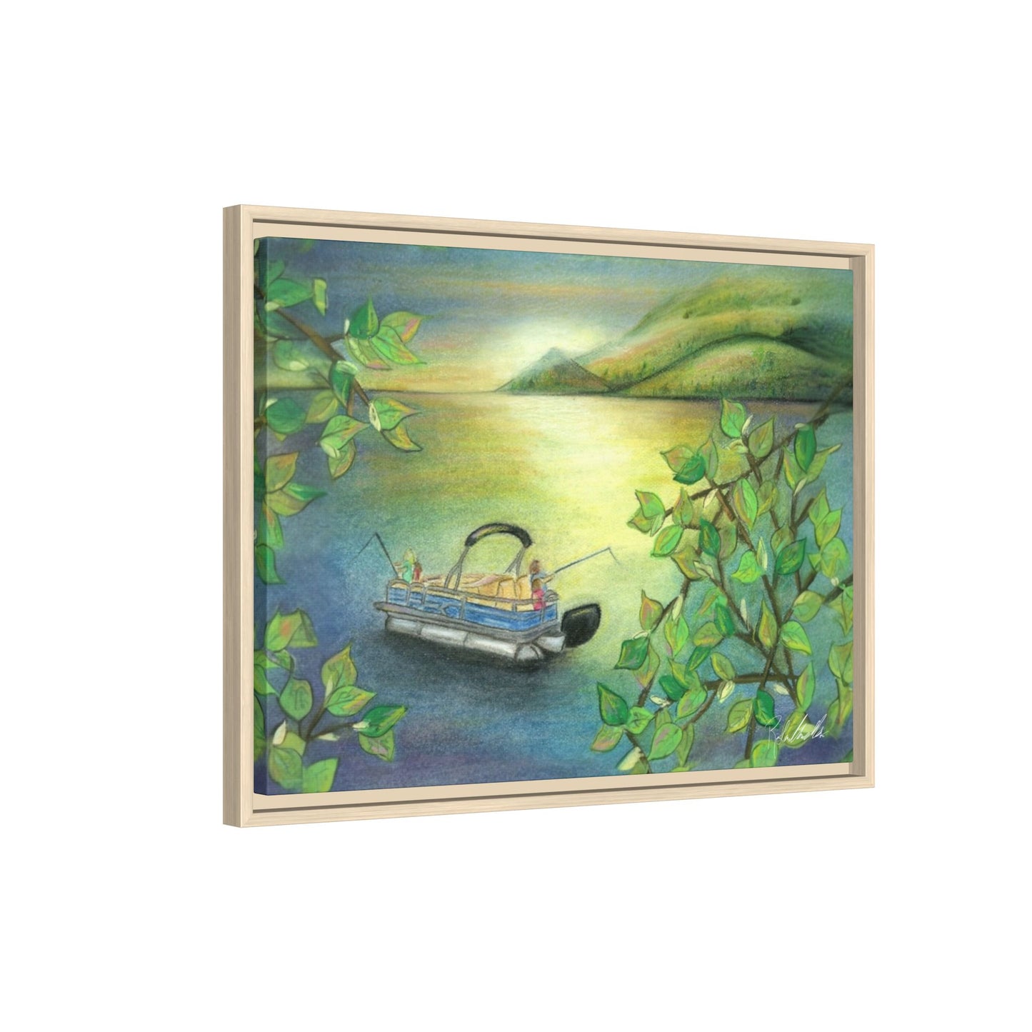 Pontoon Boat on Lake Framed Wall Art