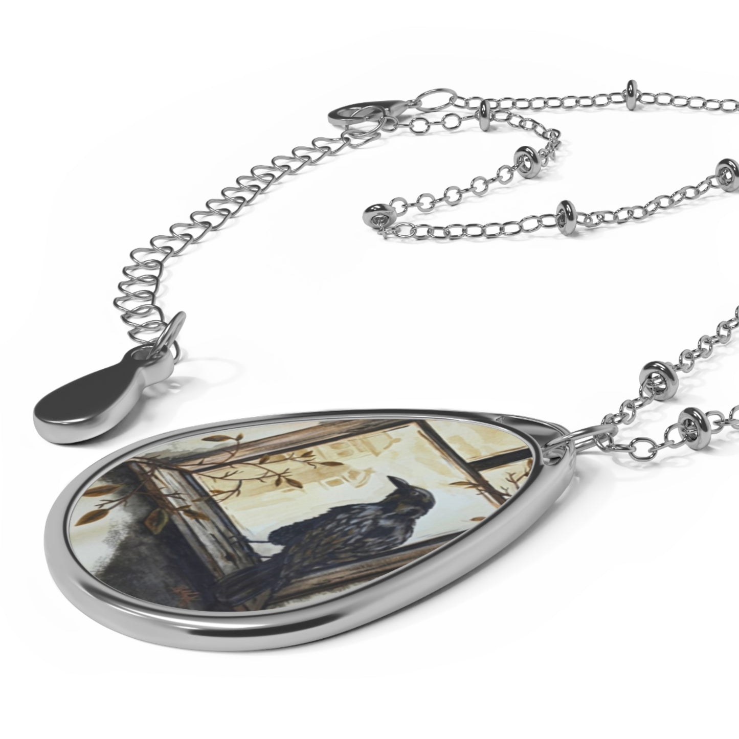 Raven Oval Pendant Necklace — Gothic Vintage Bird Art Jewelry
