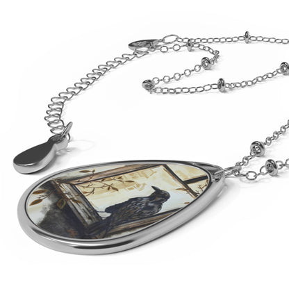 Raven Oval Pendant Necklace — Gothic Vintage Bird Art Jewelry