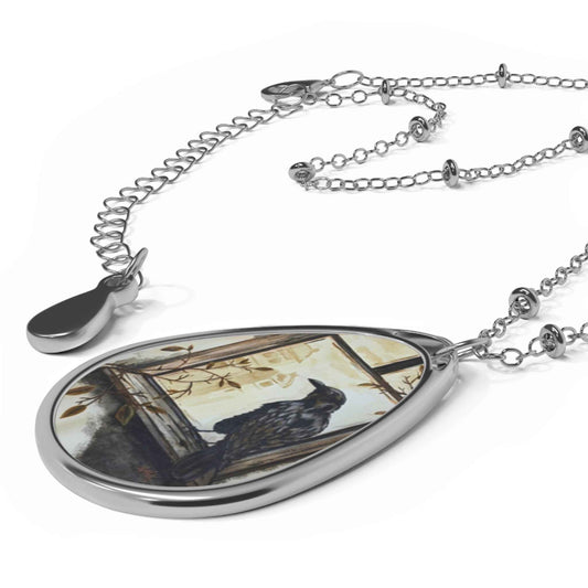 Raven Oval Pendant Necklace — Gothic Vintage Bird Art Jewelry