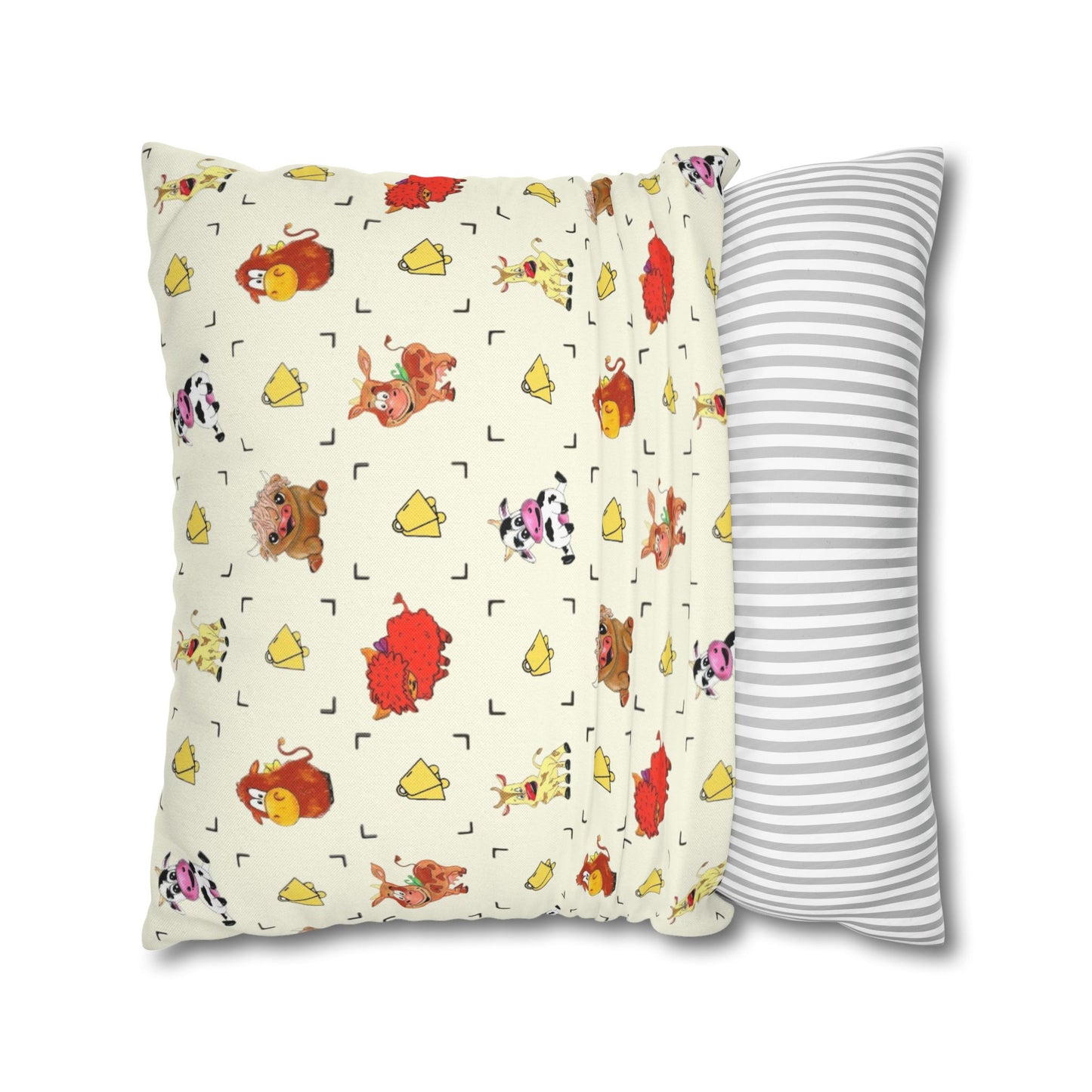 Cute Farm Animal Pattern Square Pillowcase – Whimsical Chick, Pig & Cow Throw Pillow Cover