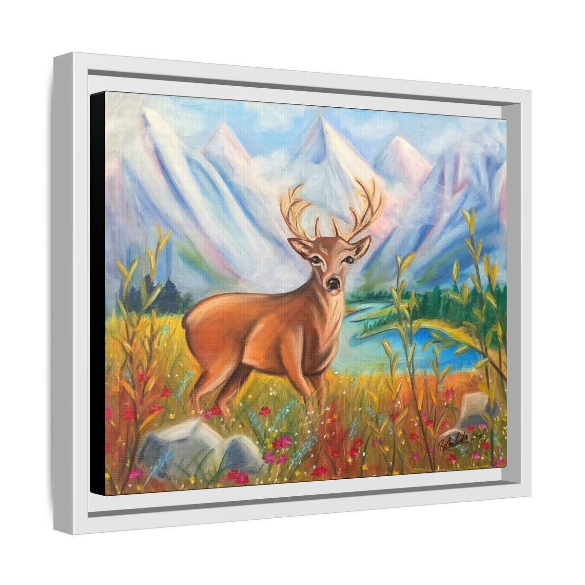 Framed Canvas Wall Art — Majestic Deer in Mountain Meadow