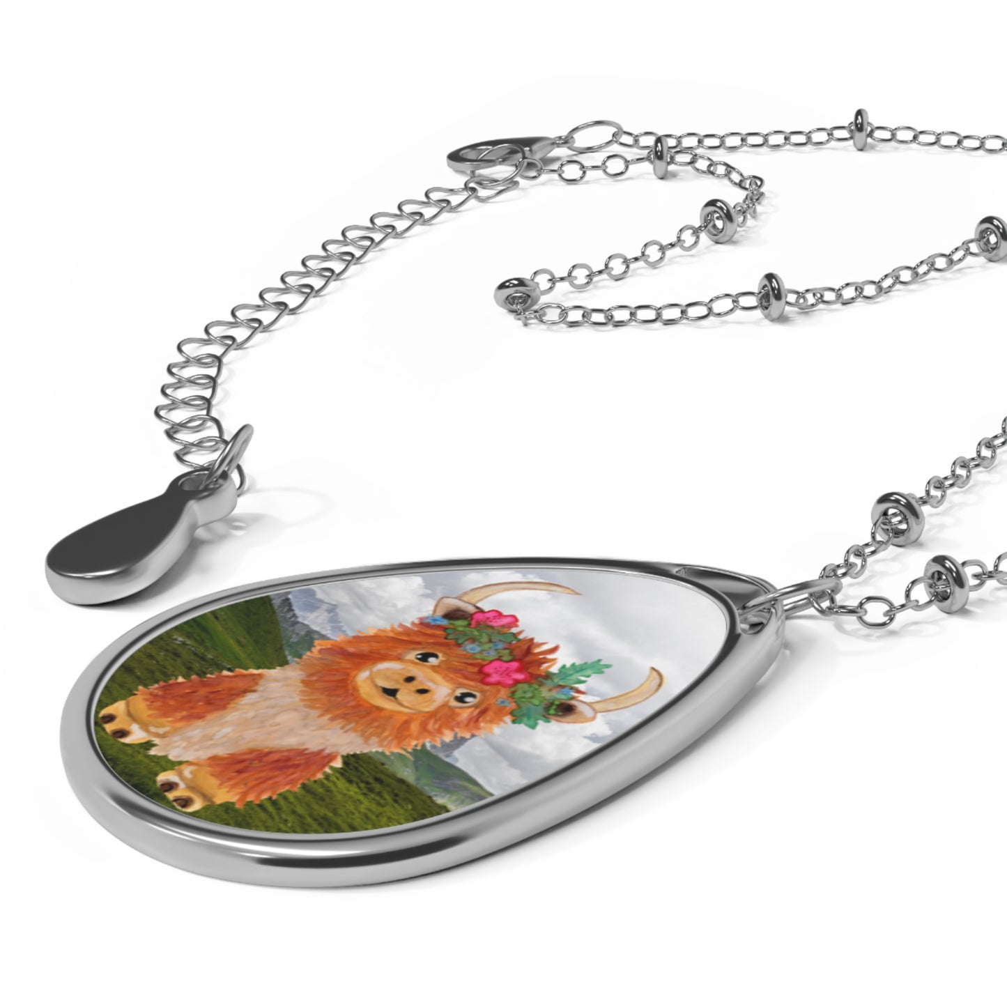 Flowers Highland Cow Oval Necklace