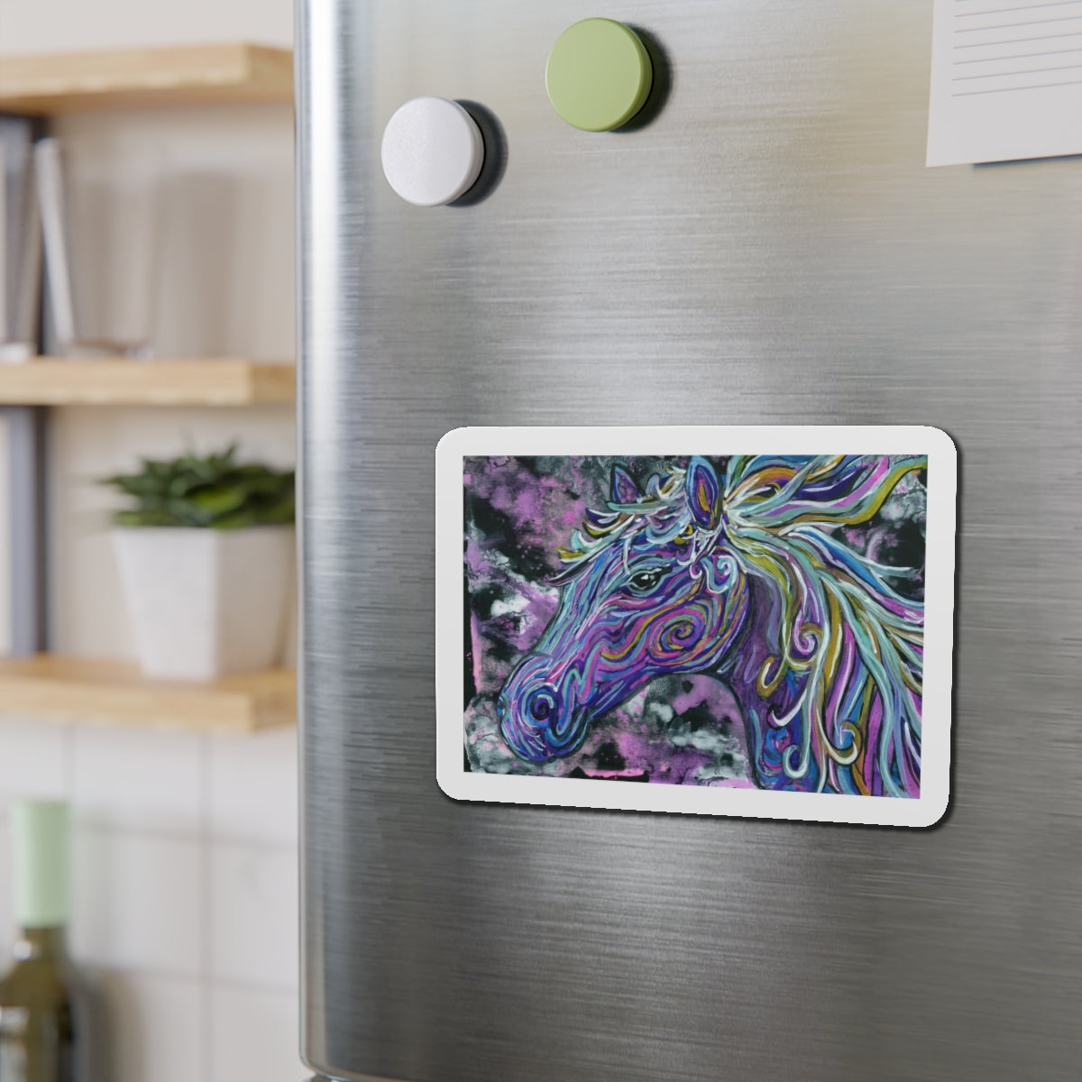 Horse with Background Die-Cut Magnets  Custom Shape, 5 Sizes, Vinyl Material for Outdoor Use, Flexible and Durable, Black Backing - Home Decor Refrigerator Magnets