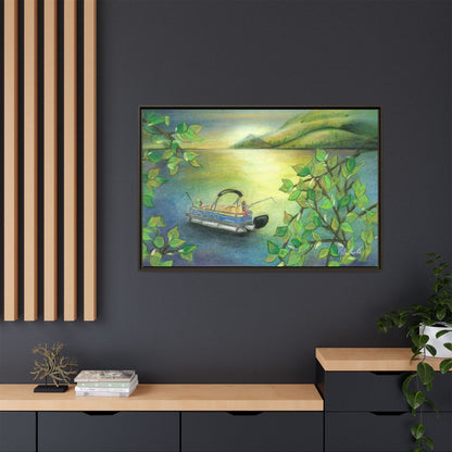 Pontoon Boat on Lake Framed Wall Art