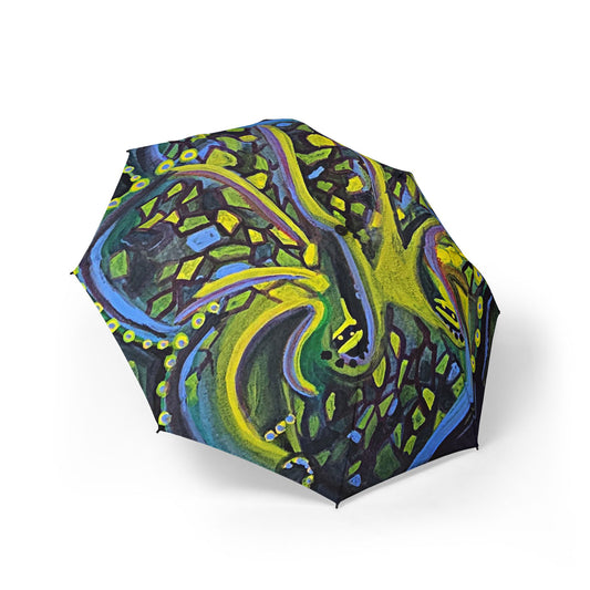 Foldable Umbrella with Abstract Green & Blue Octopus Design — Semi-Automatic Compact Rain Umbrella