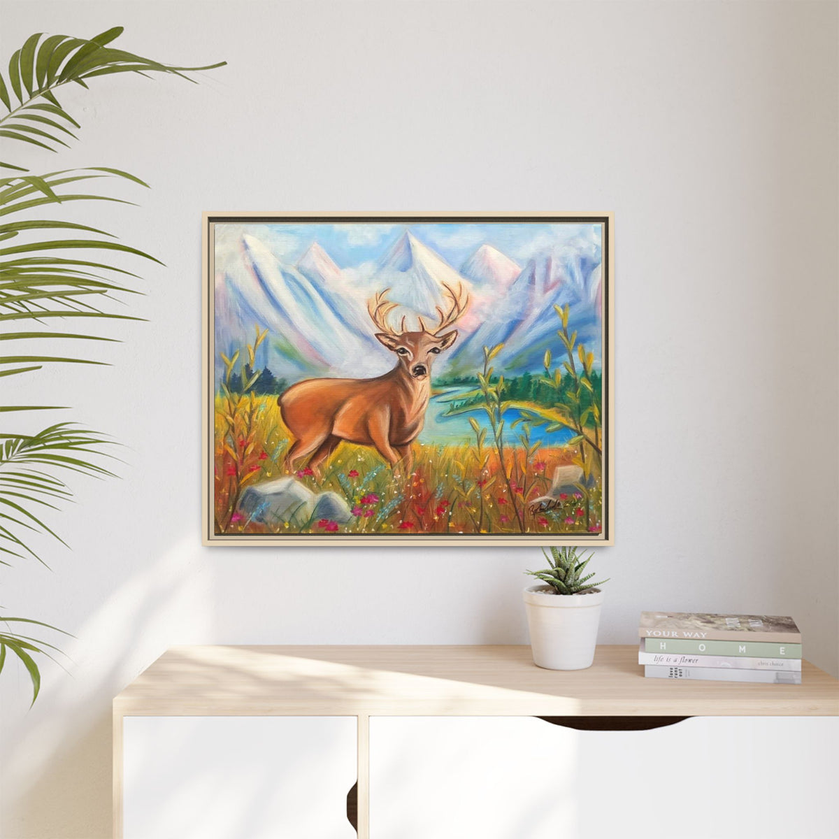 Framed Canvas Wall Art — Majestic Deer in Mountain Meadow