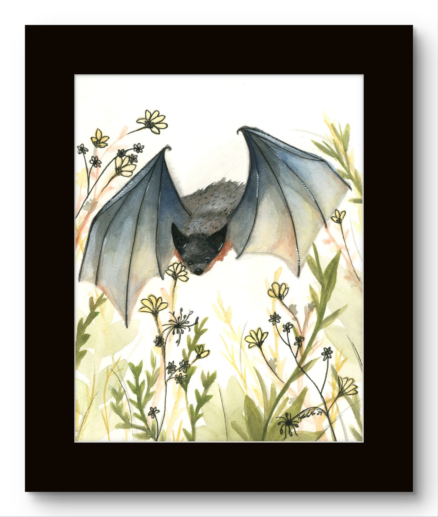 Flying Bat and Flowers Watercolor 8x10 Museum Grade Fine Art Print