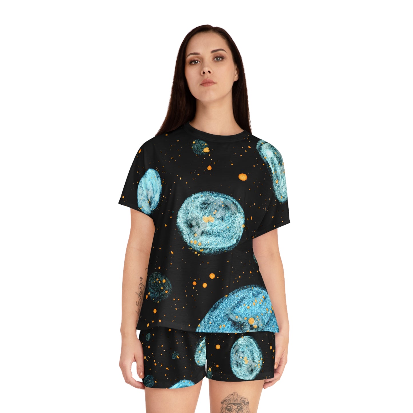 Celestial Blue Moon Women's Short Pajama Set — Spacey Planet Print Loungewear