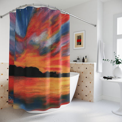 Sunset Abstract Shower Curtain — Vibrant Red & Blue Ocean Sunset Bathroom Decor
