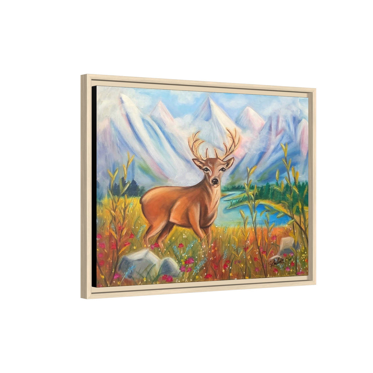 Framed Canvas Wall Art — Majestic Deer in Mountain Meadow